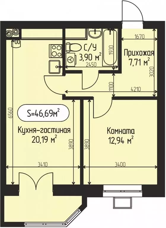 1-комнатная квартира: село Озерецкое, коттеджный посёлок Мечта (46.69 ... - Фото 0