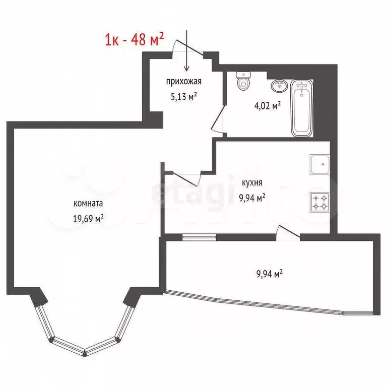 1-к. квартира, 48 м, 2/9 эт. - Фото 1