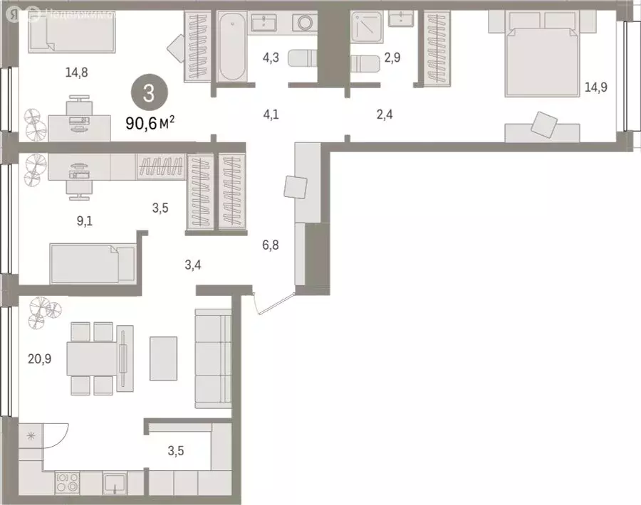 3-комнатная квартира: Тюмень, Мысовская улица, 26к1 (90.58 м) - Фото 1