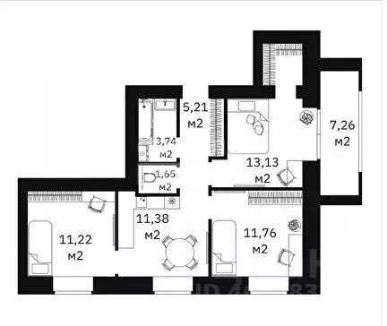 3-к кв. Тюменская область, Тюмень ул. Революции, 228 (58.08 м) - Фото 1