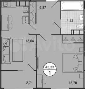 1-к. квартира, 43,3м, 5/9эт. - Фото 1