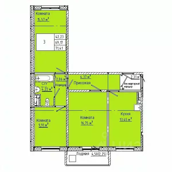 3-к кв. Омская область, Омск Солнечный мкр,  (71.41 м) - Фото 0