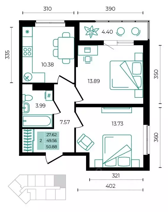 2-к кв. Адыгея, Майкопский район, пос. Тульский ул. Заречная (50.88 м) - Фото 1