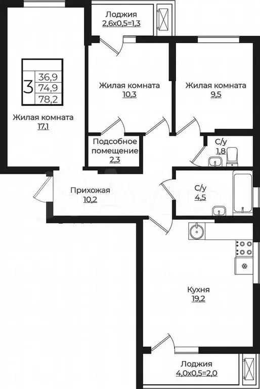 4-к. квартира, 78,2 м, 2/7 эт. - Фото 1