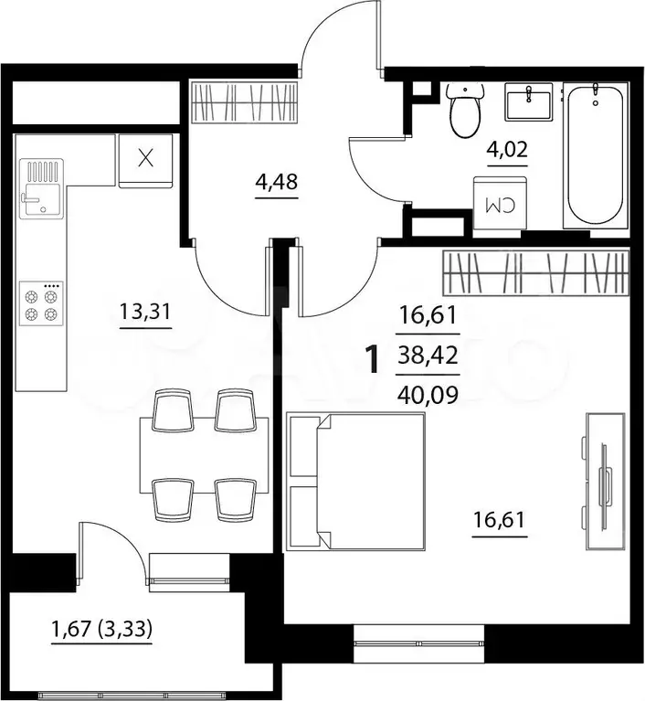 1-к. квартира, 40,1 м, 5/5 эт. - Фото 1