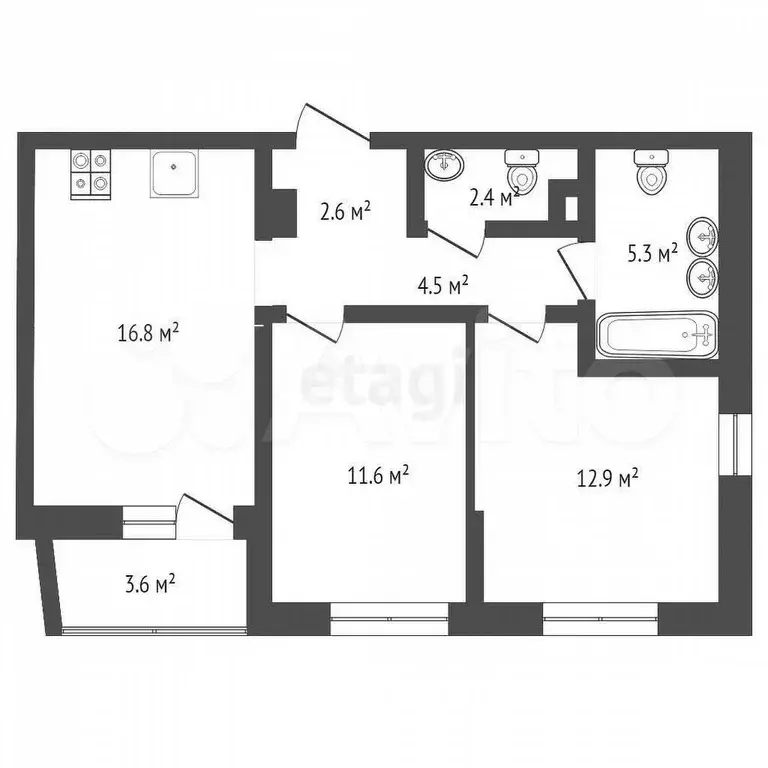 2-к. квартира, 56,8 м, 5/9 эт. - Фото 0