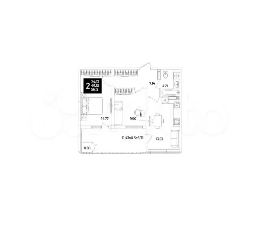 2-к. квартира, 56,1 м, 14/18 эт. - Фото 1