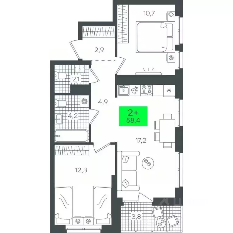 2-к кв. Тюменская область, Тюмень ул. Василия Малкова, 15 (58.46 м) - Фото 0