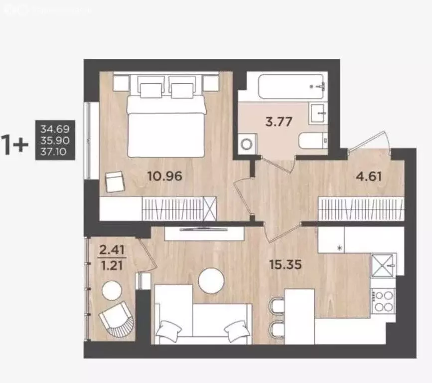 1-комнатная квартира: Калининград, Интернациональная улица, 14 (35.9 ... - Фото 1