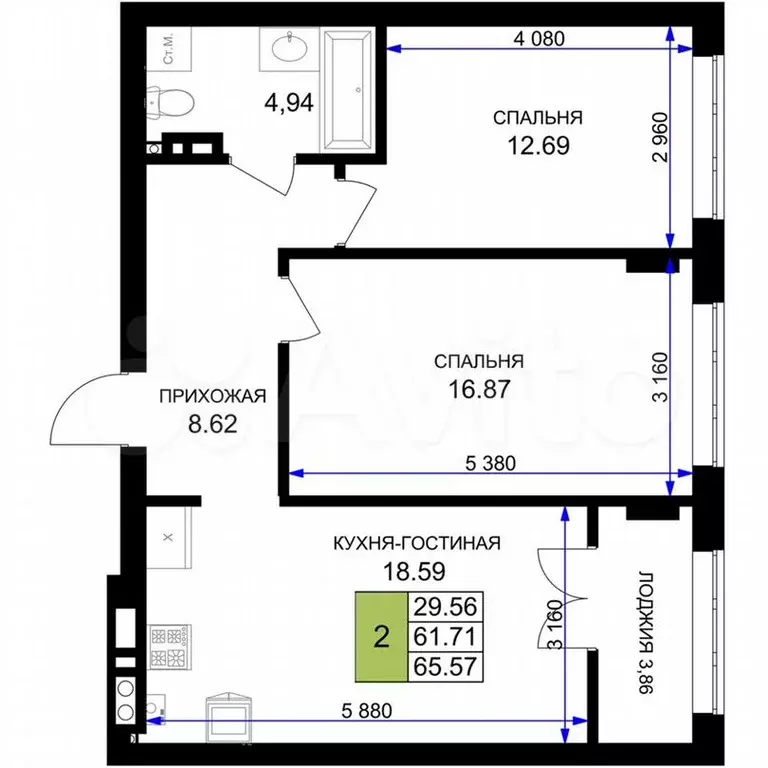 2-к. квартира, 65,6м, 7/7эт. - Фото 1