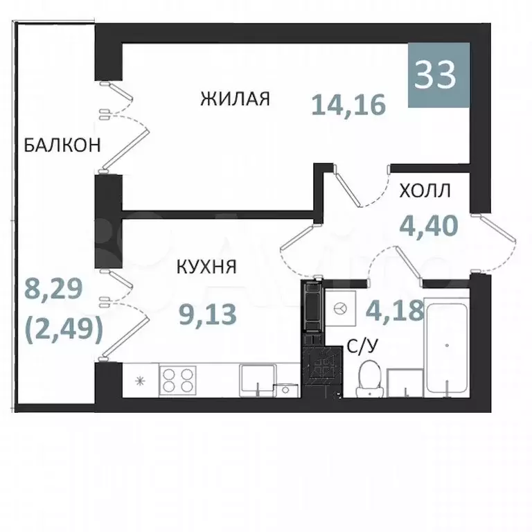 1-к. квартира, 34,4 м, 5/5 эт. - Фото 0