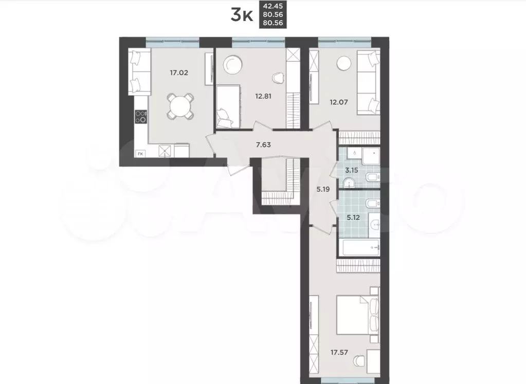 3-к. квартира, 80,8 м, 1/9 эт. - Фото 1