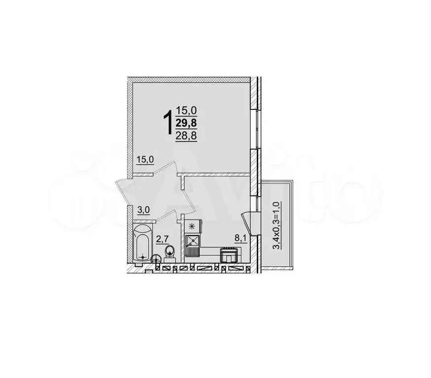 1-к. квартира, 29,8 м, 1/5 эт. - Фото 0