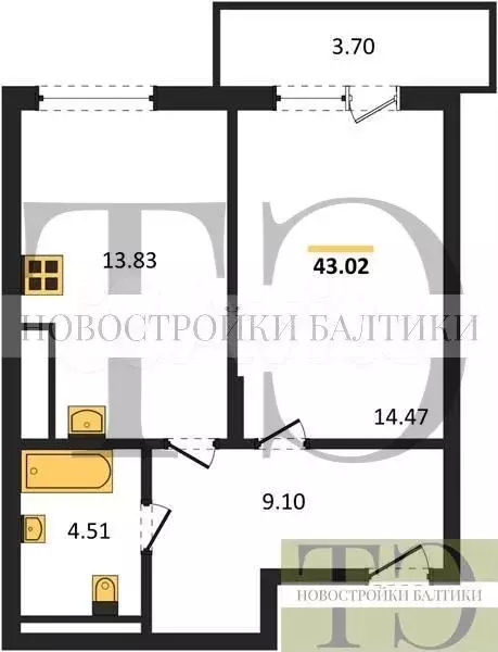 1-к. квартира, 43 м, 6/7 эт. - Фото 0