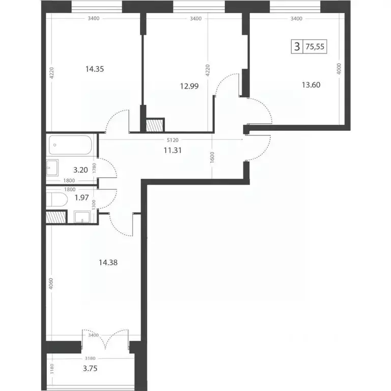 3-к кв. Тверская область, Тверь Южный мкр,  (75.55 м) - Фото 2