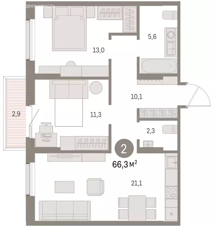 2-комнатная квартира: Курган, жилой район Центральный, ЖК Дом Кино ... - Фото 1