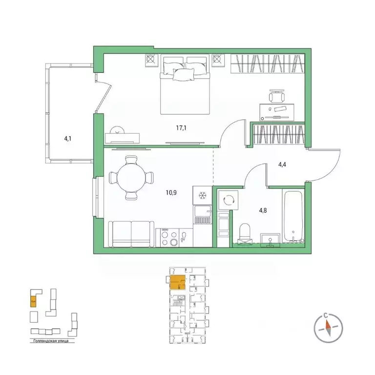 Квартира, 1 комната, 38.4 м - Фото 1