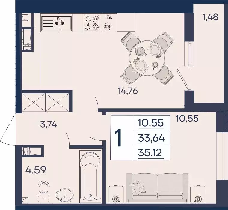 1-к кв. Краснодарский край, Краснодар  (35.12 м) - Фото 1