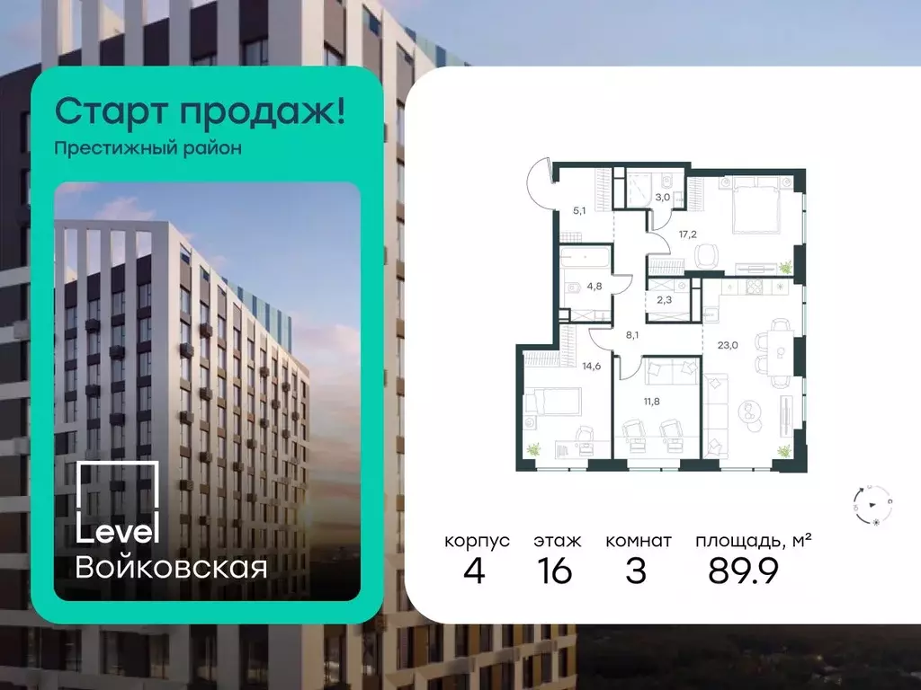 3-к кв. Москва Левел Войковская жилой комплекс (89.9 м) - Фото 1