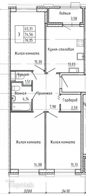 3-к кв. Санкт-Петербург Студенческая ул., 14к2 (74.3 м) - Фото 2