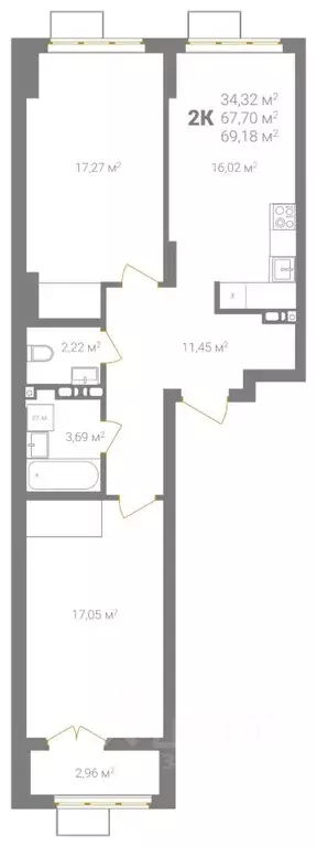 2-к кв. Нижегородская область, Нижний Новгород Ветеринарная ул. (69.18 ... - Фото 2