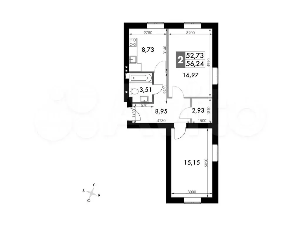 2-к. квартира, 54,9м, 1/4эт. - Фото 0