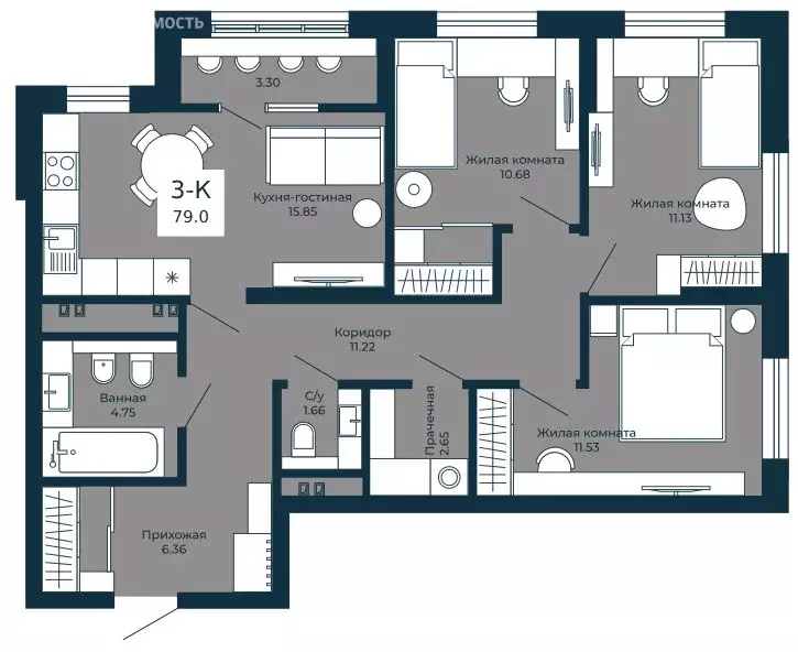 3-комнатная квартира: Екатеринбург, бульвар Владимира Белоглазова, 5 ... - Фото 2