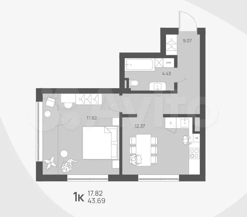 1-к. квартира, 43,7 м, 1/4 эт. - Фото 1