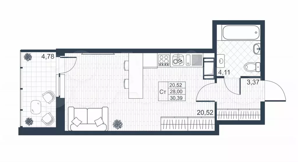 Квартира-студия, 30,8 м, 2/9 эт. - Фото 0