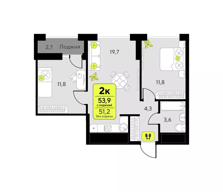 2-комнатная квартира: Тюмень, улица Первооткрывателей, 9 (53.9 м) - Фото 1