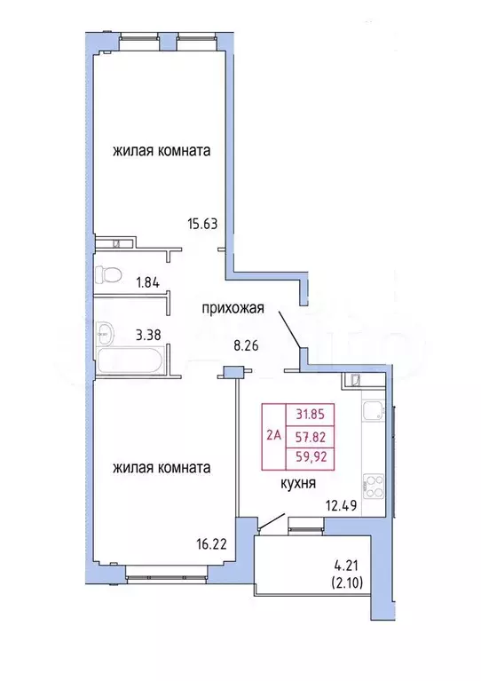 2-к. квартира, 59.9 м, 4/9 эт. - Фото 1