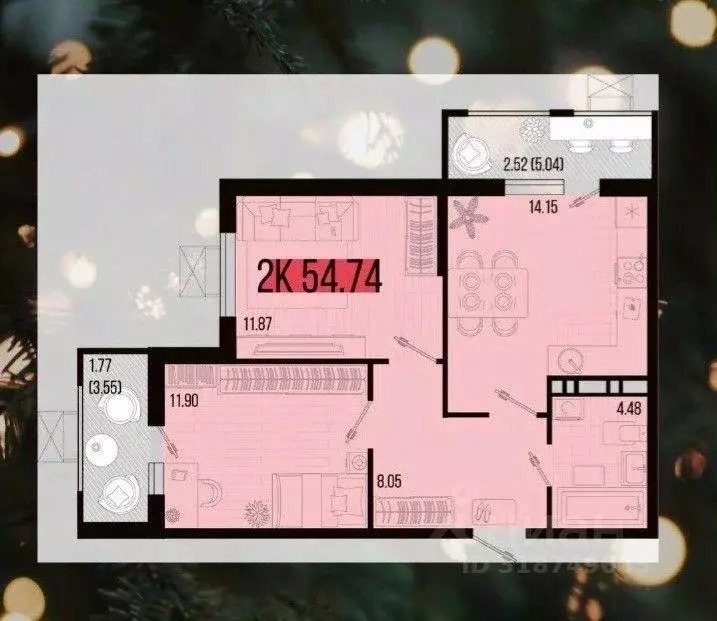 Квартира, 2 комнаты, 54.74 м - Фото 0