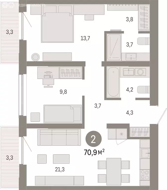 2-комнатная квартира: Новосибирск, Большевистская улица, с49 (70.94 м) - Фото 1