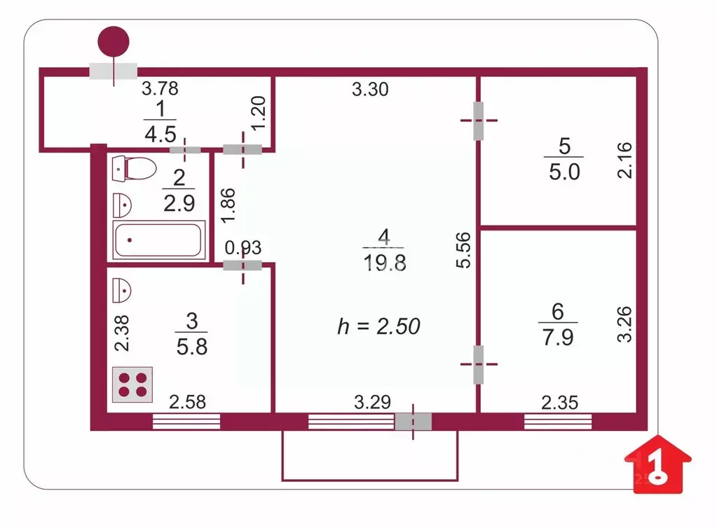 2-к кв. Омская область, Омск Революционная ул., 18 (45.9 м) - Фото 2