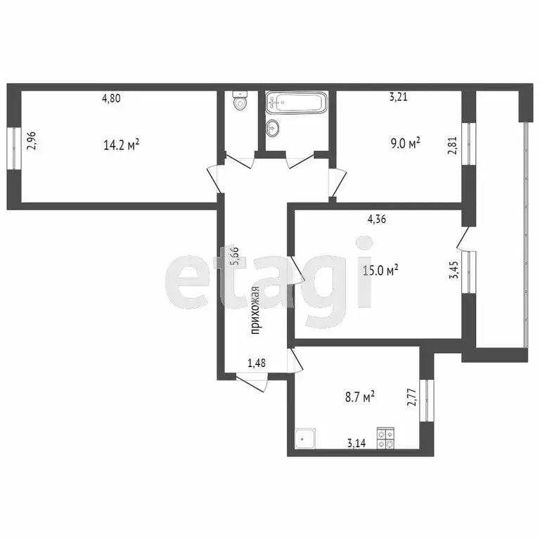 3-комнатная квартира: Тюмень, улица Щербакова, 142к3 (59.4 м) - Фото 1