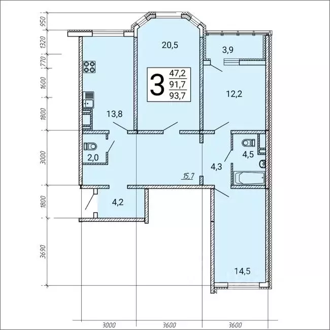 3-к кв. Воронежская область, Воронеж ул. Артамонова, 34Ж (93.7 м) - Фото 0