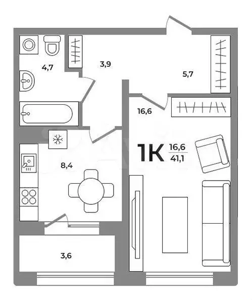 1-к. квартира, 41,1 м, 2/12 эт. - Фото 0