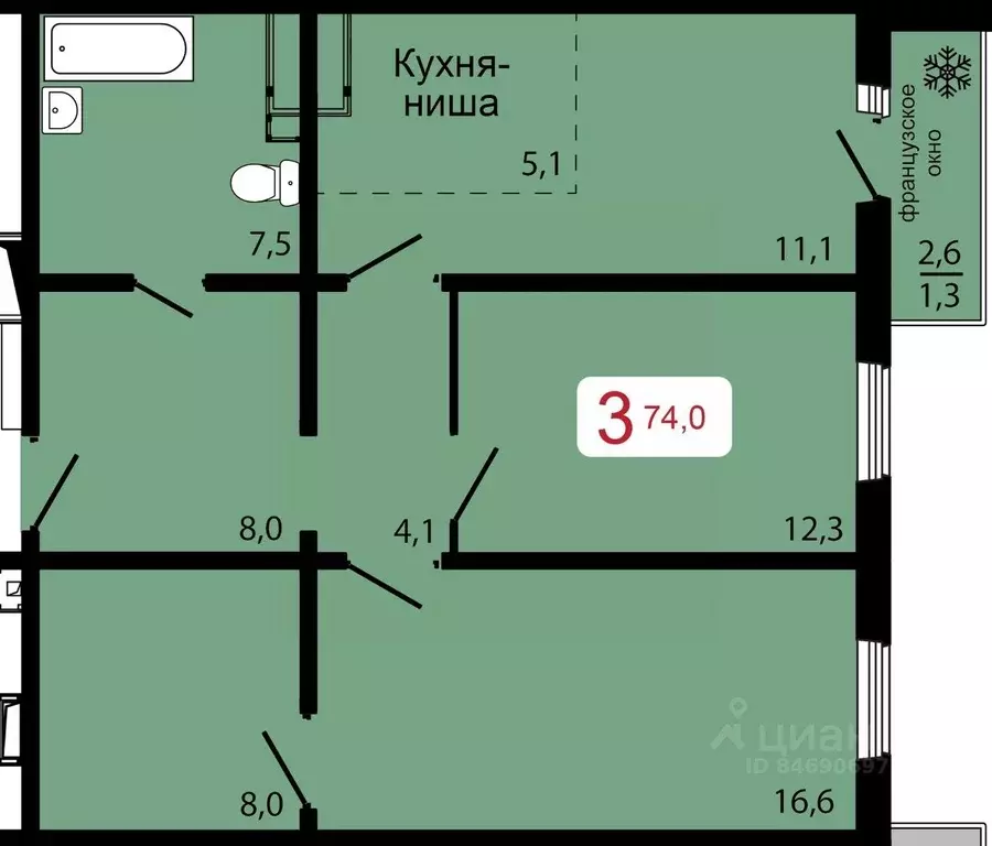 3-к кв. Красноярский край, Красноярск ул. Калинина (74.0 м) - Фото 0