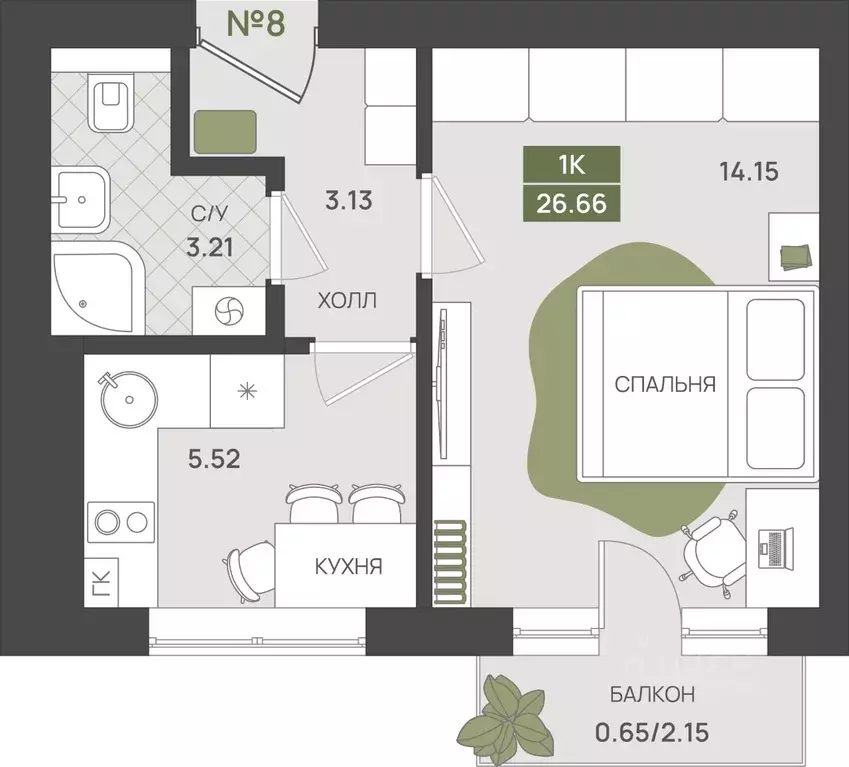 1-к кв. Калининградская область, Гурьевск  (26.66 м) - Фото 1