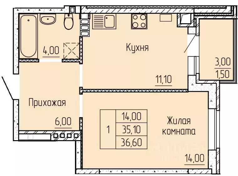 1-к кв. Ростовская область, Батайск ул. Макаровского, 4к1 (37.3 м) - Фото 0