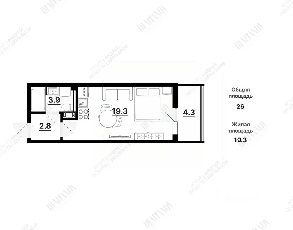 Студия Санкт-Петербург ул. Александра Матросова, 3 (26.0 м) - Фото 2