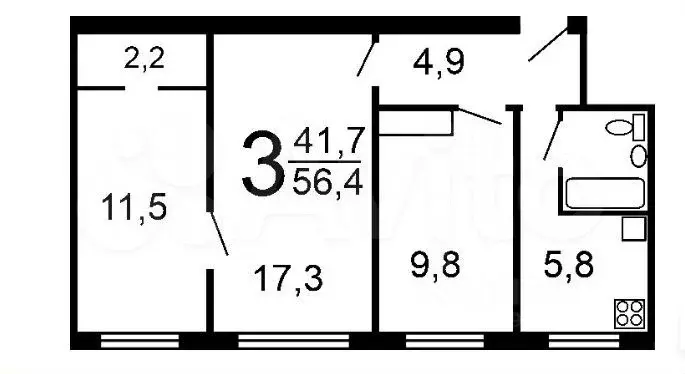 3-к. квартира, 56,9 м, 3/5 эт. - Фото 0