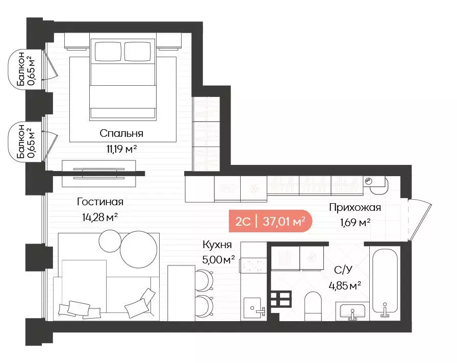 2-комнатная квартира: Новосибирск, Ленинградская улица, 342 (38.31 м) - Фото 1
