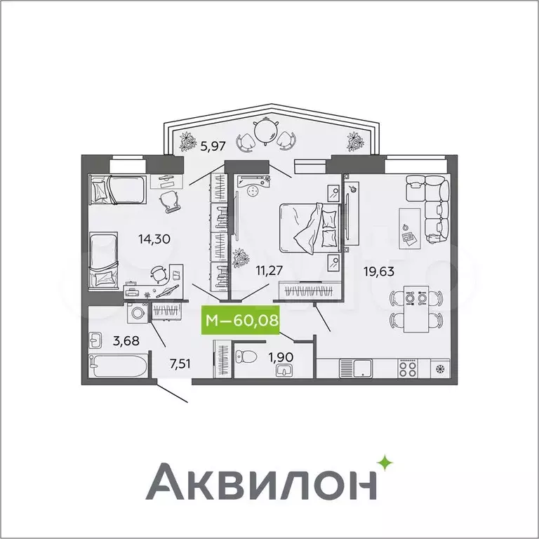 2-к. квартира, 60,1 м, 5/9 эт. - Фото 0