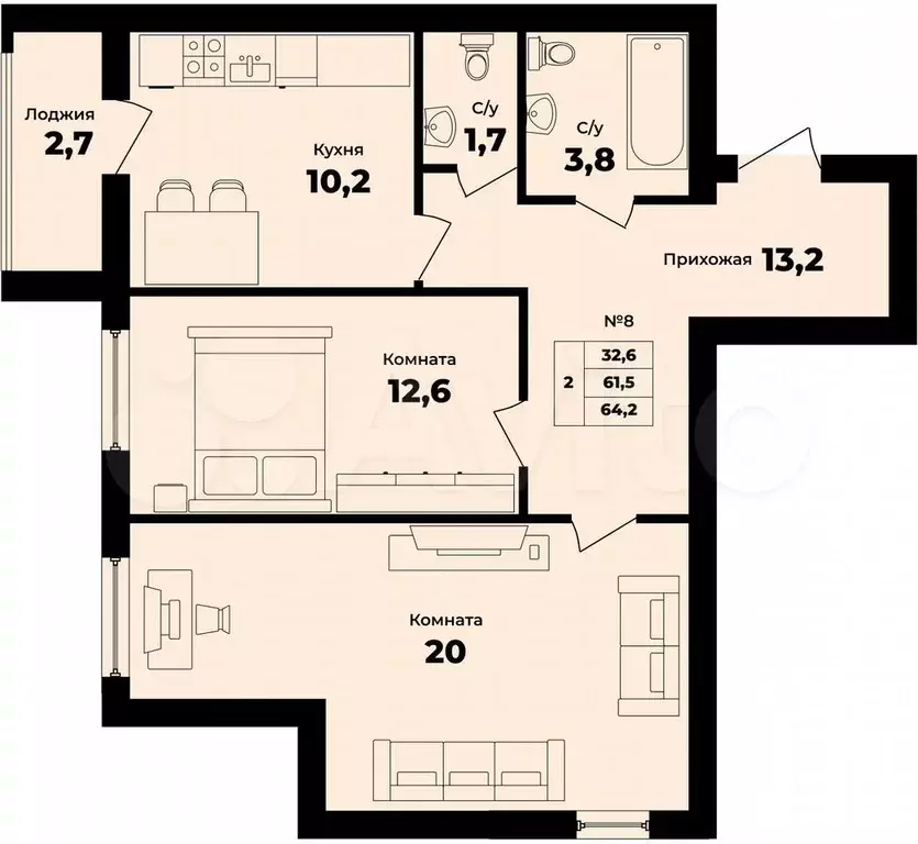 2-к. квартира, 62,9 м, 3/9 эт. - Фото 0