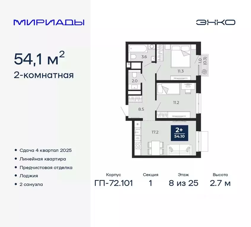 2-к кв. Тюменская область, Тюмень Мириады жилой комплекс (54.1 м) - Фото 0