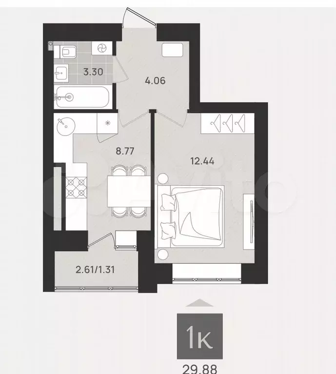 1-к. квартира, 30,6 м, 6/9 эт. - Фото 1