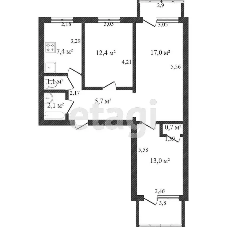 Квартира, 3 комнаты, 60.6 м - Фото 1