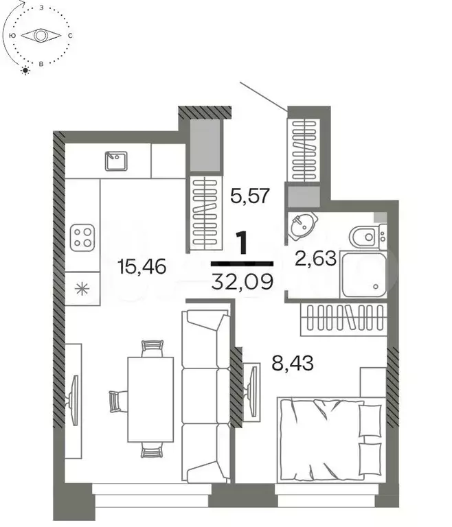 1-к. квартира, 32,1 м, 3/26 эт. - Фото 1
