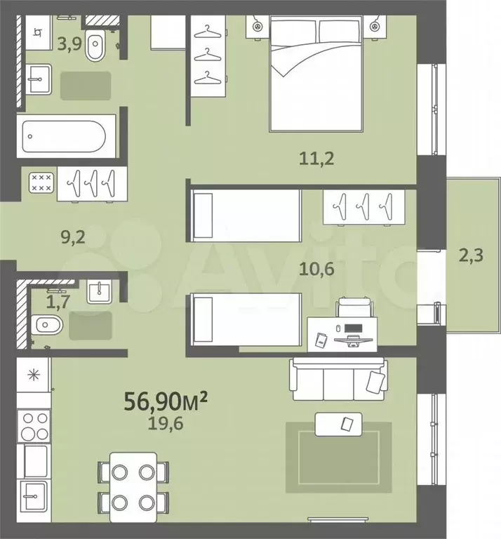 2-к. квартира, 56,9 м, 8/9 эт. - Фото 0
